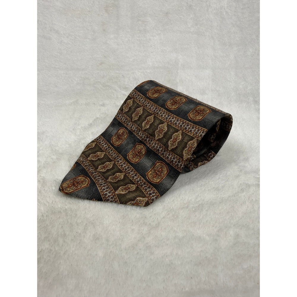 Pierre Balmain Mens Extra Long Silk Tie Grey Gold Geometric Medallion USA Made